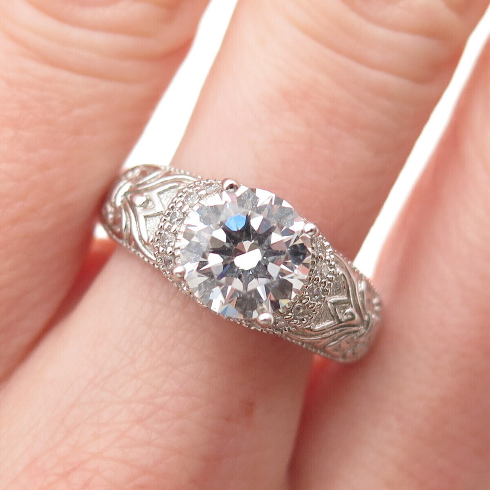 VANNA K 925 Sterling Silver Round-Cut C Z Fleur de Lis Engagement Ring Size 9.25